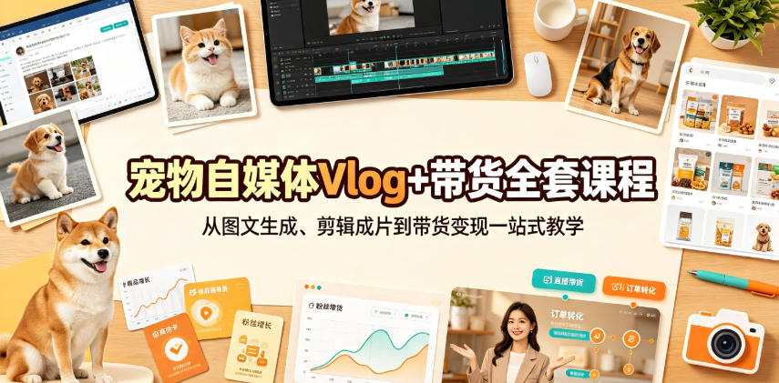 宠物自媒体Vlog+带货全套课程|从图文生成、剪辑成片到带货变现一站式教学-宇文网创