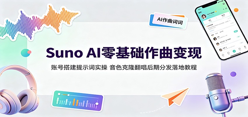Suno AI零基础作曲变现：账号搭建提示词实操，音色克隆翻唱后期分发落地教程-宇文网创