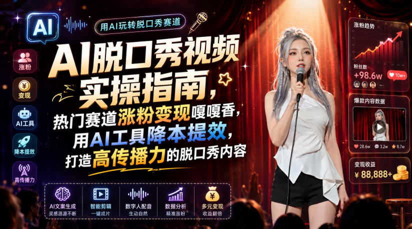 AI脱口秀视频实操指南，热门赛道涨粉变现嘎嘎香，用AI工具降本提效，打造高传播力的脱口秀内容-宇文网创