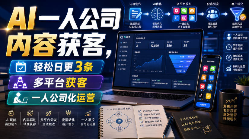 AI一人公司内容获客，轻松日更3条，多平台获客，一人公司化运营-宇文网创