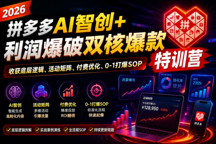 2026拼多多AI智创+利润爆破双核爆款特训营，收获底层逻辑、活动矩阵、付费优化、0-1打爆SOP-宇文网创