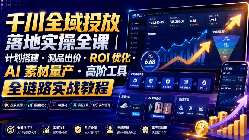 千川全域投放落地实操全课｜计划搭建・测品出价・ROI优化・AI素材量产・高阶工具全链路实战教程-宇文网创
