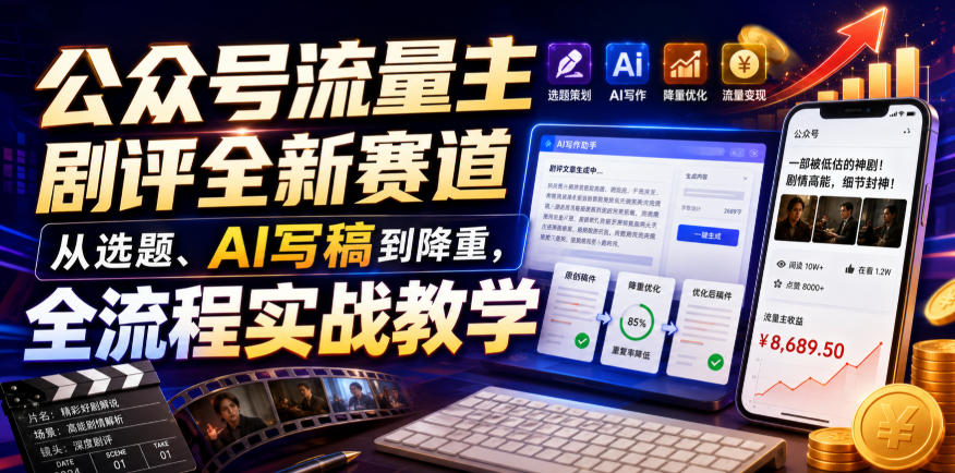 公众号流量主剧评全新赛道,从选题、AI写稿到降重,全流程实战教学-宇文网创
