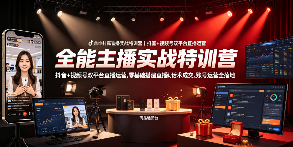 全能主播实战特训营｜抖音+视频号双平台直播运营，零基础搭建直播间、精准选品、话术成交、账号运营全落地-宇文网创