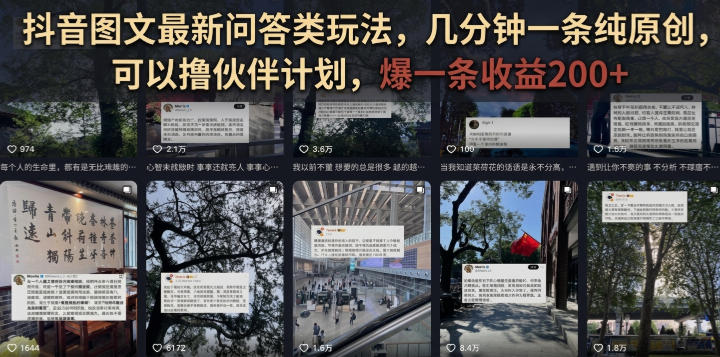 抖音图文最新问答类玩法，几分钟一条纯原创，可以撸伙伴计划，爆一条收益200+-宇文网创