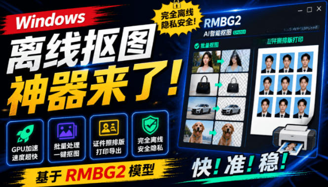 Windows离线抠图神器来了！支持批量抠图+证件照排版打印，基于RMBG2模型，GPU加速方块AI抠图-宇文网创