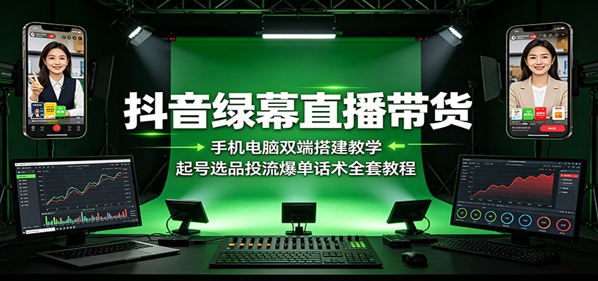 抖音绿幕直播带货:手机电脑双端搭建教学,起号选品投流爆单话术全套教程-宇文网创