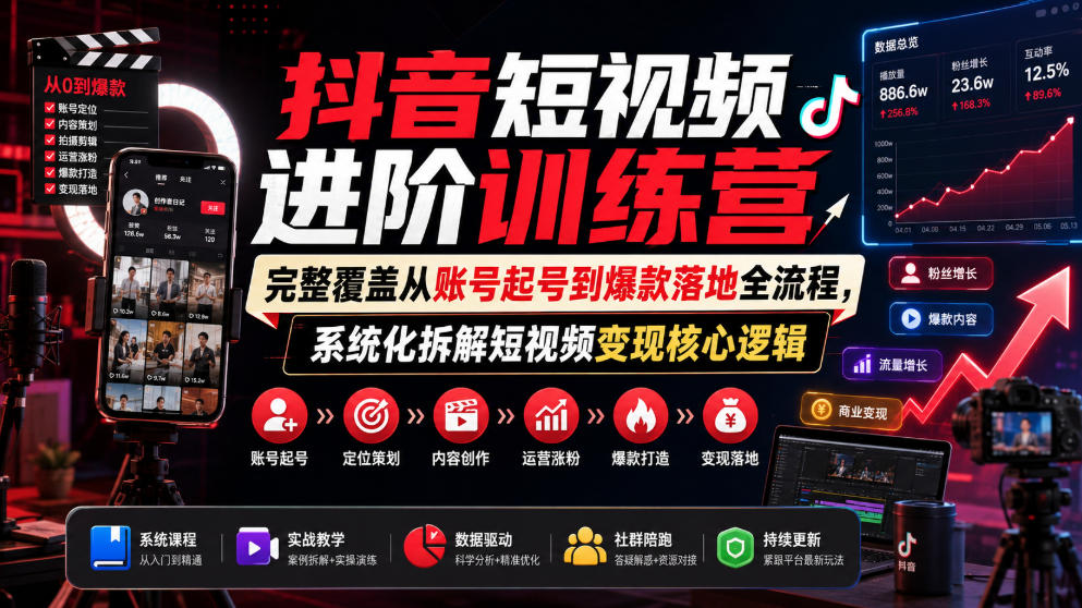 抖音短视频进阶训练营,完整覆盖从账号起号到爆款落地全流程,系统化拆解短视频变现核心逻辑-宇文网创
