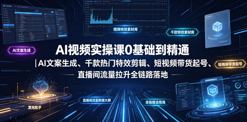 AI视频实操课0基础到精通|AI文案生成、千款热门特效剪辑、短视频带货起号、直播间流量拉升全链路落地-宇文网创