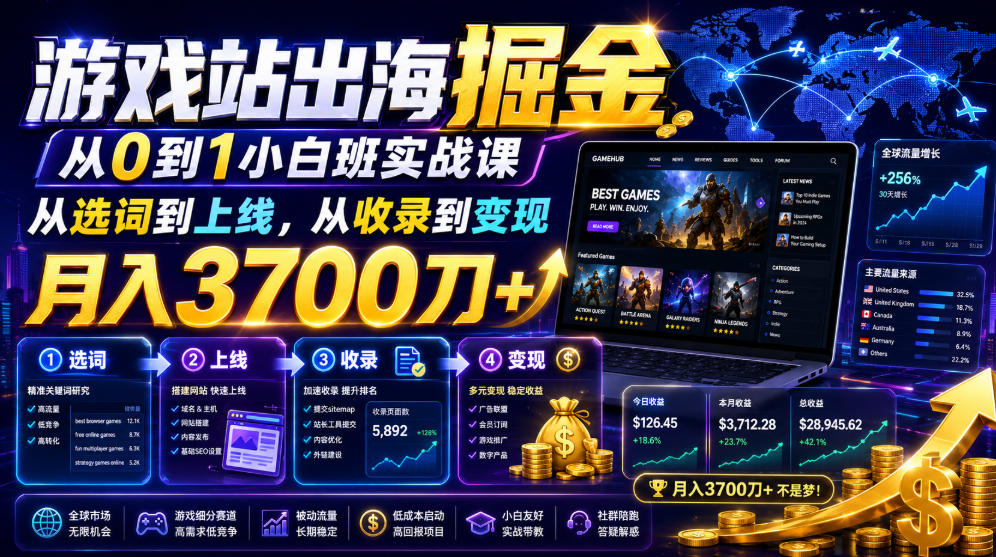 游戏站出海掘金从0到1小白实战课，从选词到上线，从收录到变现，月入3700刀+-宇文网创
