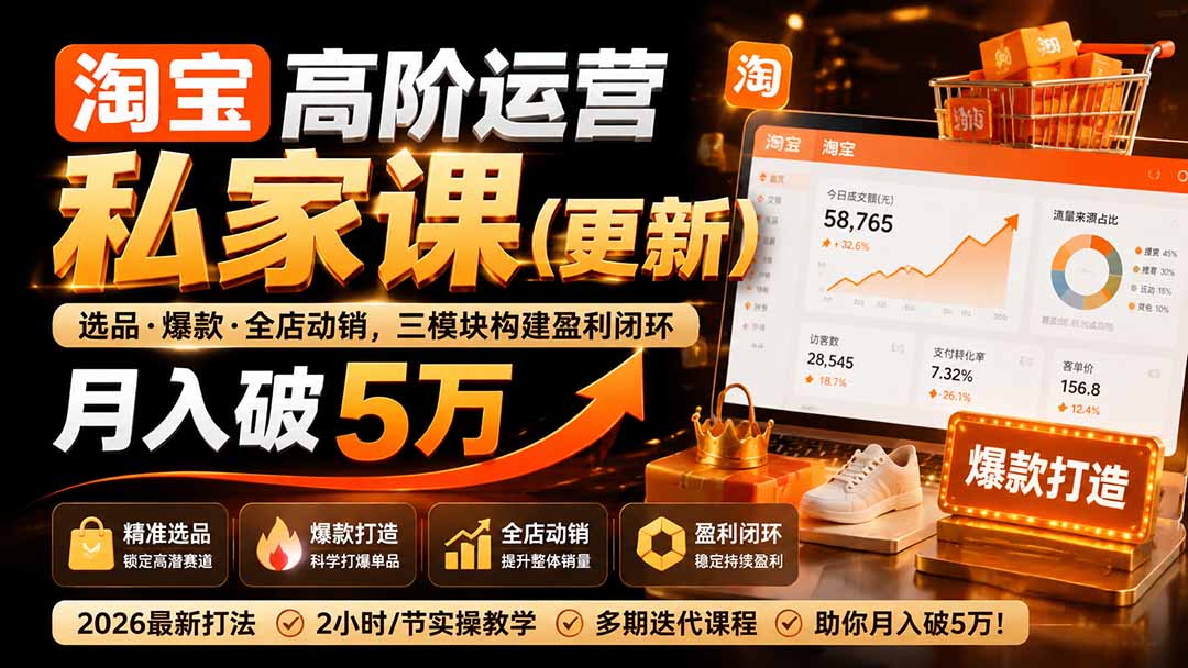 （19906期）淘宝高阶运营私家课（更新26年）：选品、爆款、全店动销，三模块构建盈利闭环，月入破5万-宇文网创