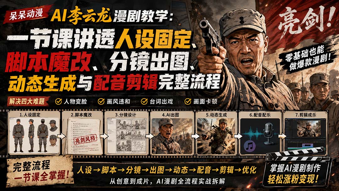 （20107期）呆呆动漫AI李云龙漫剧教学：一节课讲透人设固定、脚本魔改、分镜出图、动态生成与配音剪辑完整流程-宇文网创