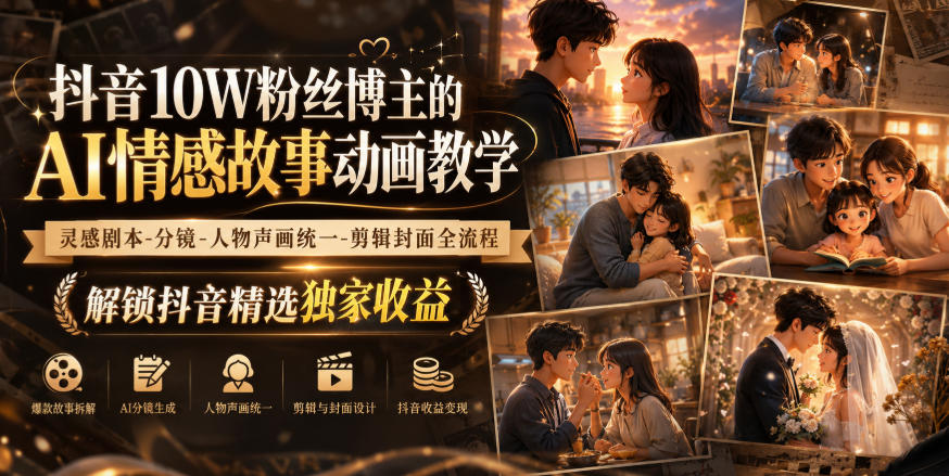 抖音10W粉丝博主的AI情感故事动画教学，灵感剧本‑分镜‑人物声画统一‑剪辑封面全流程，解锁抖音精选独家收益-宇文网创