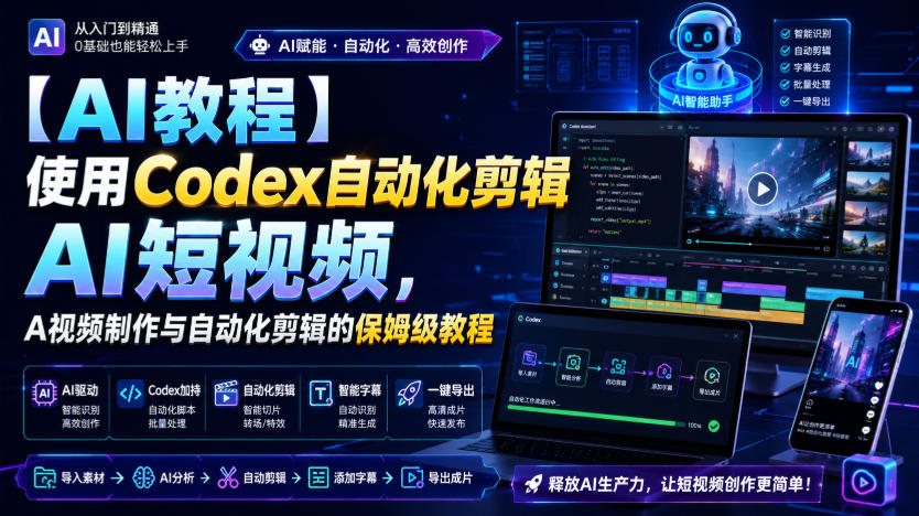 【AI教程】使用Codex自动化剪辑AI短视频，AI视频制作与自动化剪辑的保姆级教程-宇文网创