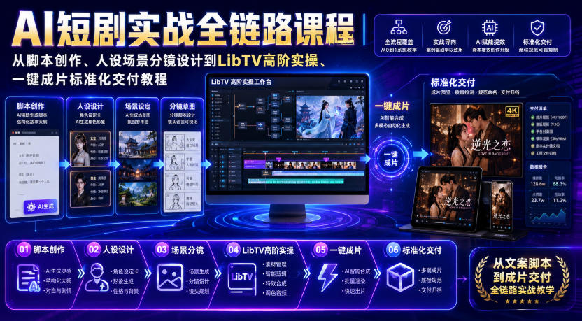 AI短剧实战全链路课程｜从脚本创作、人设场景分镜设计到LibTV高阶实操、一键成片标准化交付教程-宇文网创