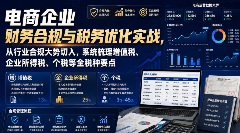 电商企业财务合规与税务优化实战，从行业合规大势切入，系统梳理增值税、企业所得税、个税等全税种要点-宇文网创
