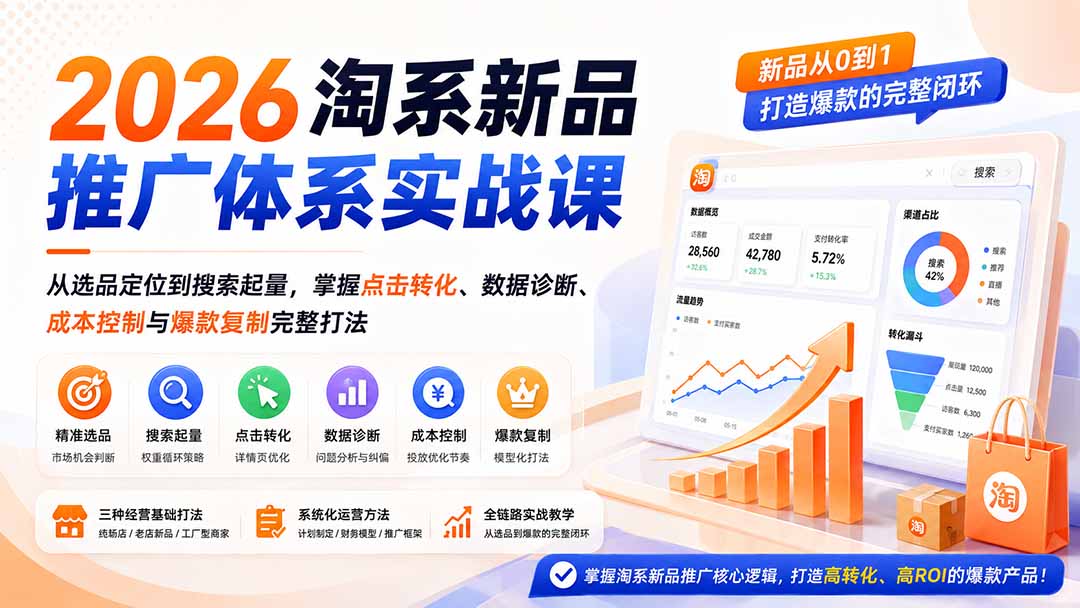 （19908期）2026淘系新品推广体系实战课：从选品定位到搜索起量，掌握点击转化、数据诊断、成本控制与爆款复制完整打法-宇文网创