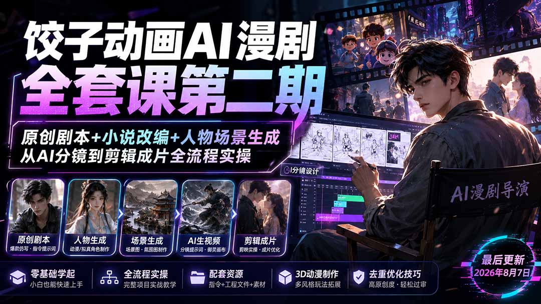 （19910期）饺子动画AI漫剧全套课第二期：原创剧本+小说改编+人物场景生成，从AI分镜到剪辑成片全流程实操-宇文网创