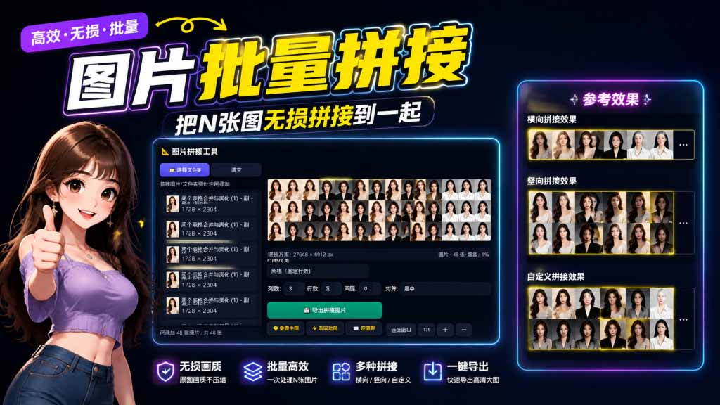(20005期)图片批量拼接,把N张图无损拼接到一起,支持横向、竖向、自定义等功能-宇文网创