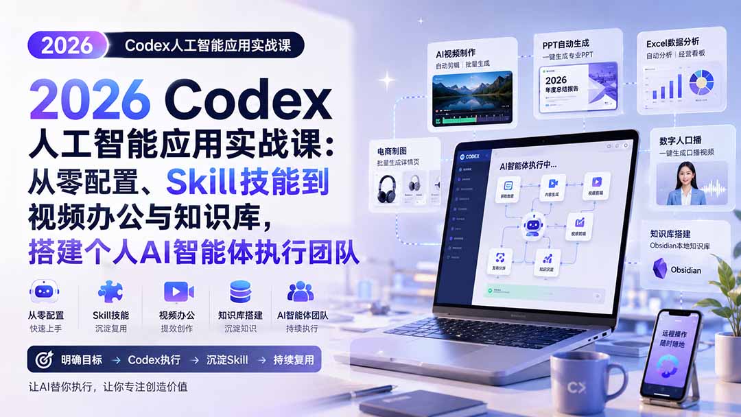 （20067期）2026 Codex人工智能应用实战课：从零配置、Skill技能到视频办公与知识库，搭建个人AI智能体执行团队-宇文网创