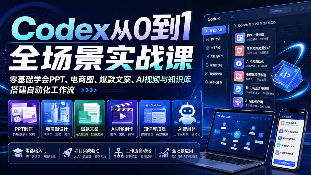 （20041期）Codex从0到1全场景实战课：零基础学会PPT、电商图、爆款文案、AI视频与知识库，搭建自动化工作流-宇文网创