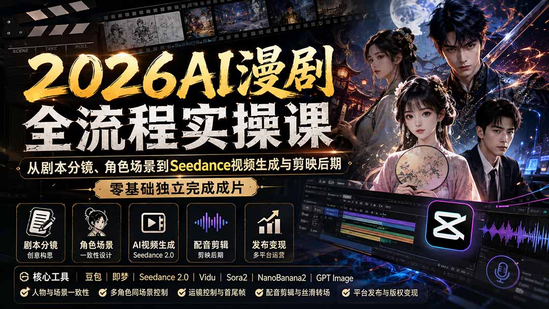 （20042期）2026AI漫剧全流程实操课：从剧本分镜、角色场景到Seedance视频生成与剪映后期，零基础独立完成成片-宇文网创