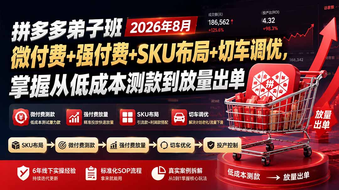 (19746期)拼多多弟子班2026年8月:微付费+强付费+SKU布局+切车调优,掌握从低成本测款到放量出单-宇文网创