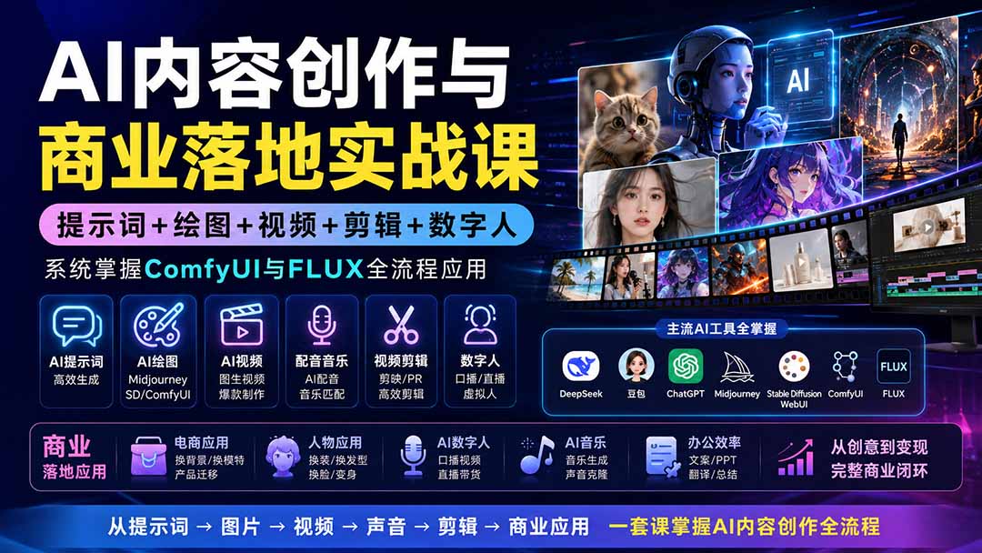 (19913期)AI内容创作与商业落地实战课:提示词+绘图+视频+剪辑+数字人,系统掌握ComfyUI与FLUX全流程应用-宇文网创