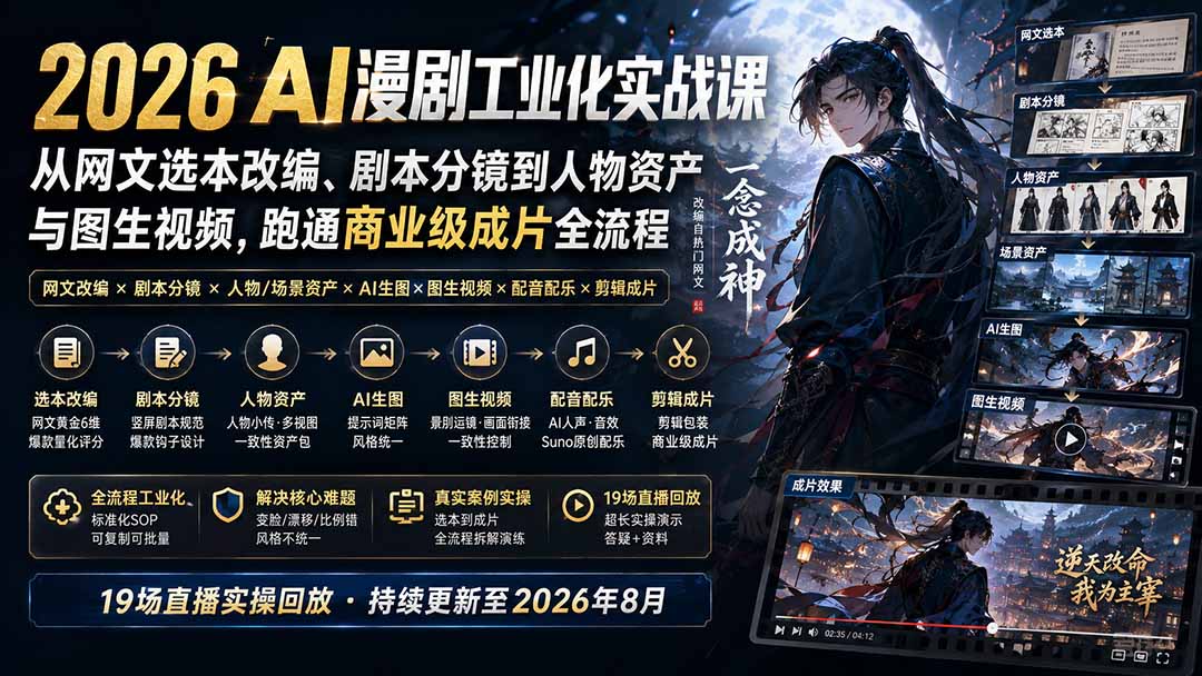 （20068期）2026 AI漫剧工业化实战课-更新：从网文选本改编、剧本分镜到人物资产与图生视频，跑通商业级成片全流程-宇文网创