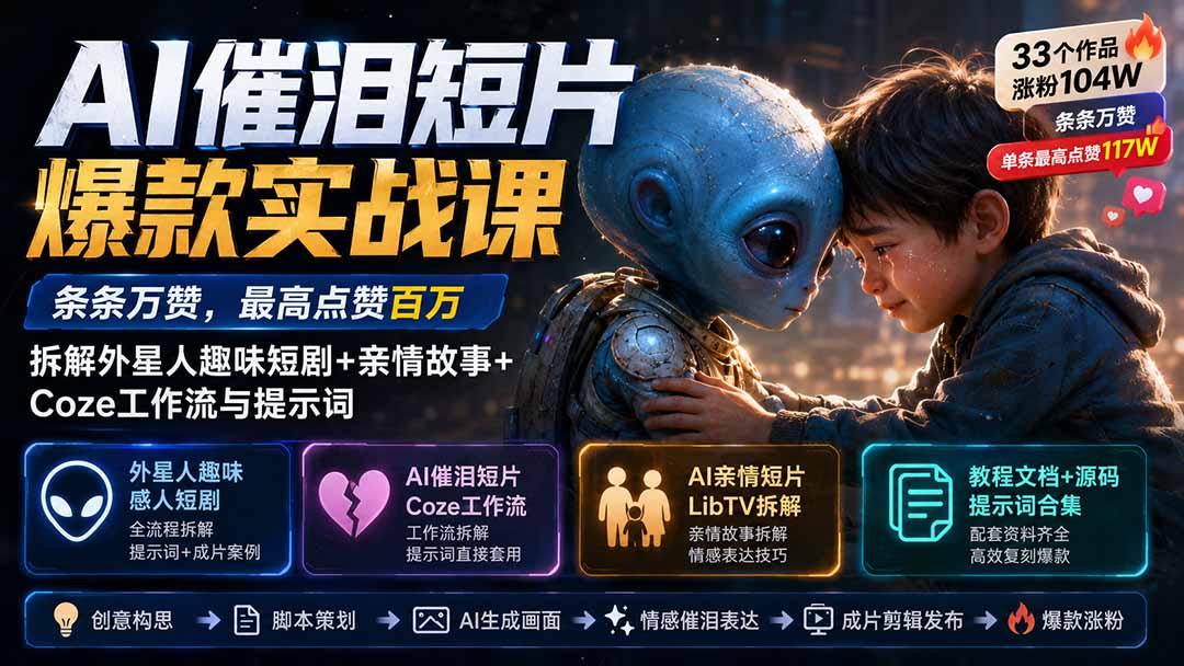 (20038期)AI催泪短片爆款实战课:条条万赞,最高点赞百万,拆解外星人趣味短剧+亲情故事+Coze工作流与提示词-宇文网创