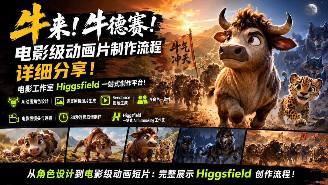 (19987期)牛来!牛德赛!电影级动画片制作流程详细分享!电影工作室Higgsfield一站式创作平台!-宇文网创