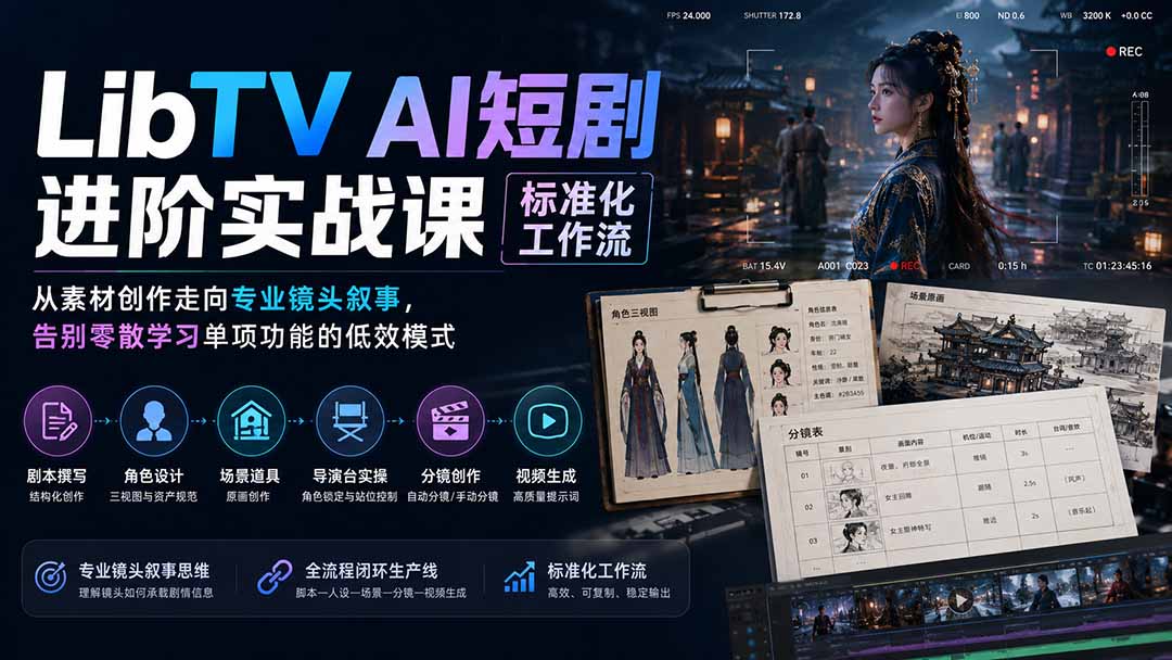 (19836期)LibTV AI短剧进阶实操课标准化工作流;从素材创作走向专业镜头叙事,告别零散学习单项功能的低效模式-宇文网创