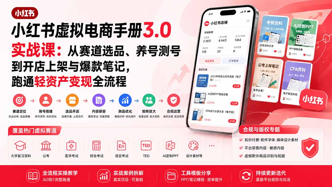 （20054期）小红书虚拟电商手册3.0实战课：从赛道选品、养号测号到开店上架与爆款笔记，跑通轻资产变现全流程-宇文网创