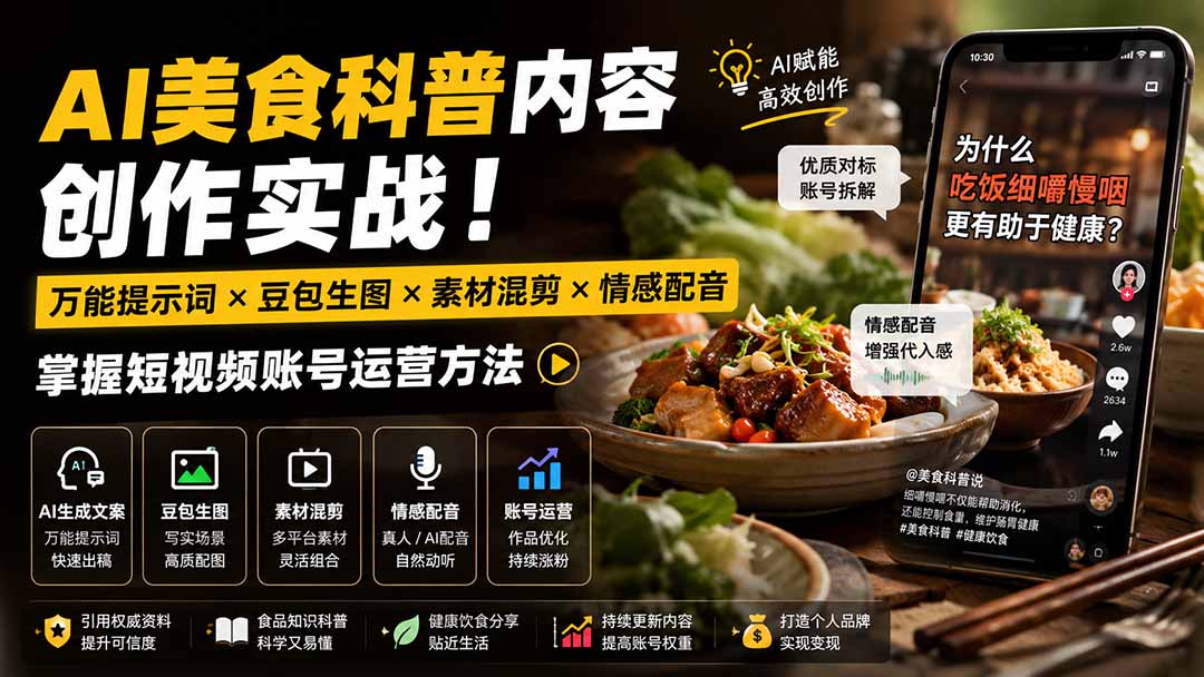 (19730期)外面卖199元-AI美食科普内容创作实战!万能提示词×豆包生图×素材混剪×情感配音,掌握短视频账号运营方法-宇文网创