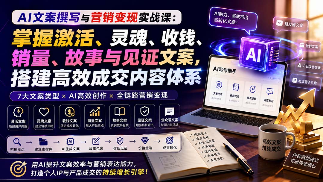 (20126期)AI文案撰写与营销变现实战课:掌握激活、灵魂、收钱、销量、故事与见证文案,搭建高效成交内容体系-宇文网创