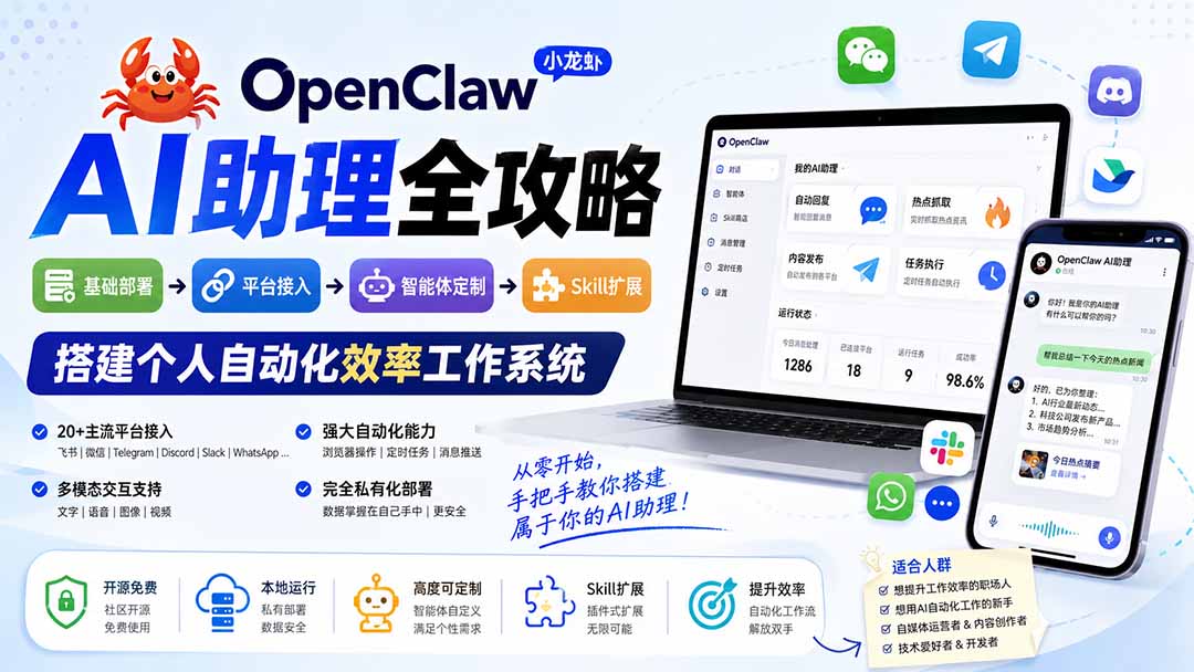 (19889期)OpenClaw AI助理全攻略:基础部署→平台接入→智能体定制→Skill扩展,搭建个人自动化效率工作系统-宇文网创