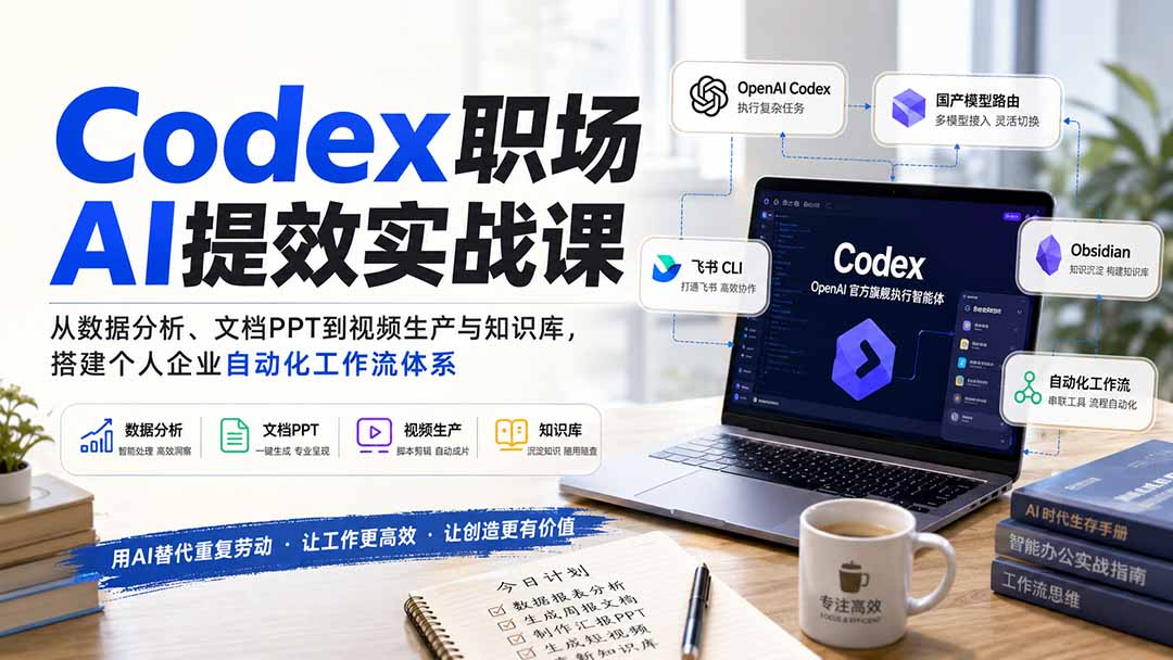 (20057期)Codex职场AI提效实战课:从数据分析、文档PPT到视频生产与知识库,搭建个人企业自动化工作流体系-宇文网创