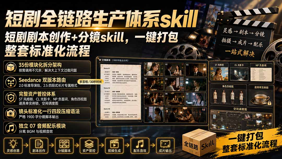 (19911期)短剧全链路生产体系skill,短剧剧本创作+分镜skill,一键打包,整套标准化流程-宇文网创