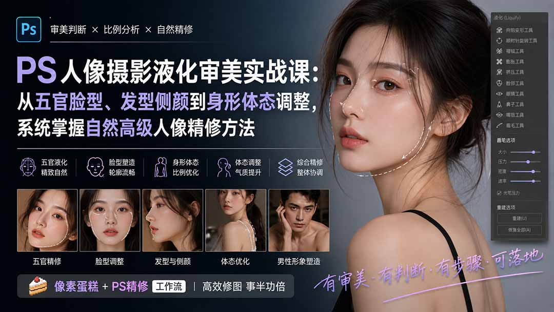 （20062期）PS人像摄影液化审美实战课：从五官脸型、发型侧颜到身形体态调整，系统掌握自然高级人像精修方法-宇文网创