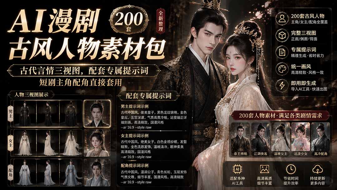 （19693期）AI漫剧古风人物素材包+提示词｜200 套古代言情三视图，配套专属提示词短剧主角配角直接套用-宇文网创