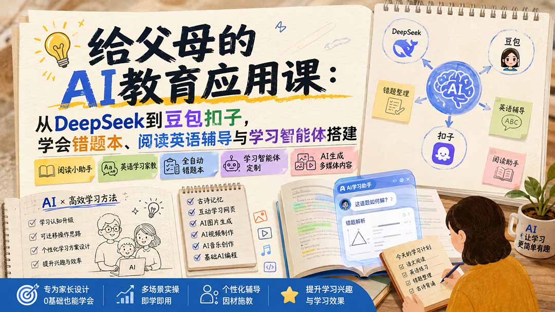 (19890期)给父母的AI教育应用课:从DeepSeek到豆包扣子,学会错题本、阅读英语辅导与学习智能体搭建-宇文网创