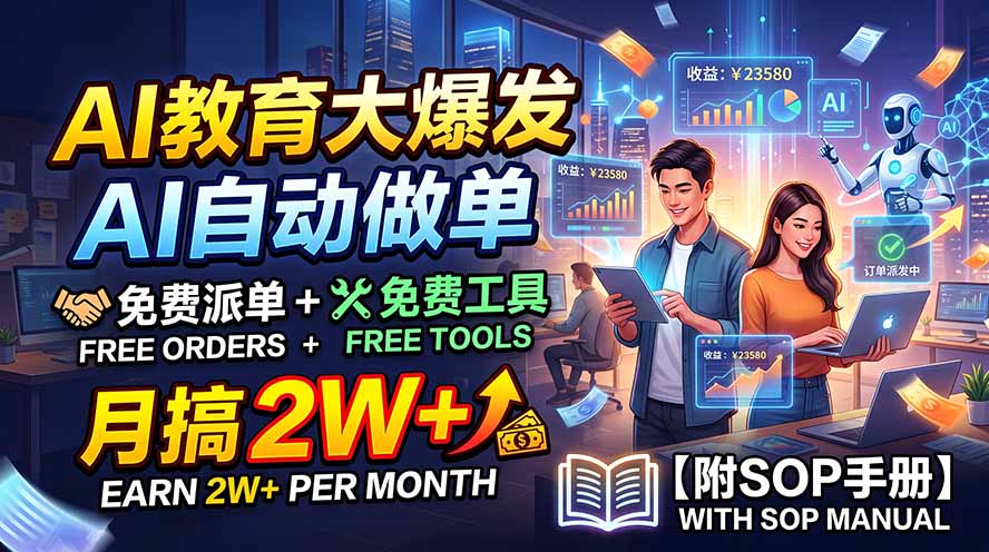 (19731期)AI教育大爆发,AI自动做单,免费派单+免费工具,月搞2W+【附SOP手册】-宇文网创