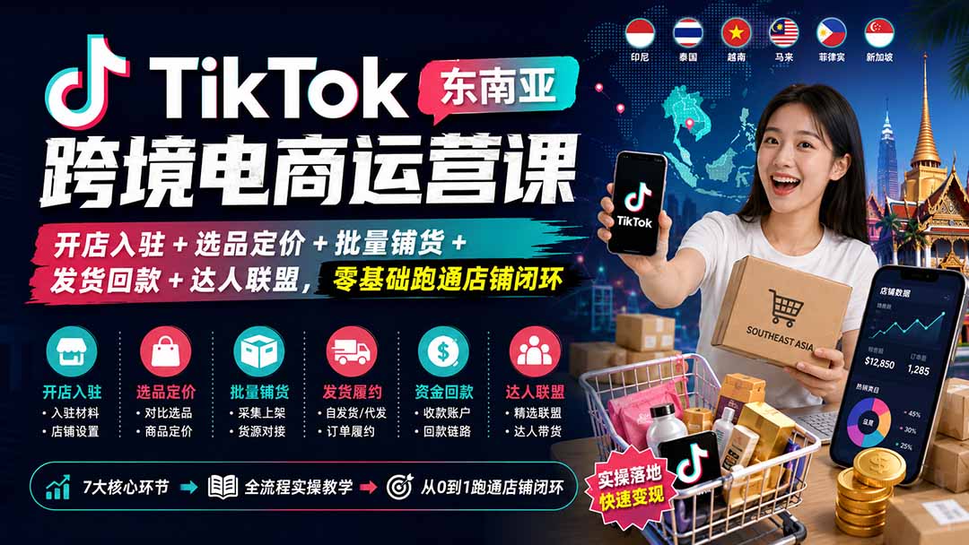 (20059期)TikTok东南亚跨境电商运营课:开店入驻+选品定价+批量铺货+发货回款+达人联盟,零基础跑通店铺闭环-宇文网创