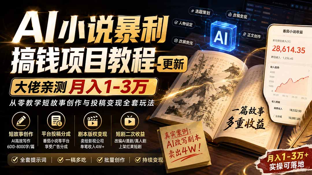 （20044期）AI小说暴利搞钱项目教程-更新，大佬亲测月入1-3万，从零教学短故事创作与投稿变现全套玩法-宇文网创