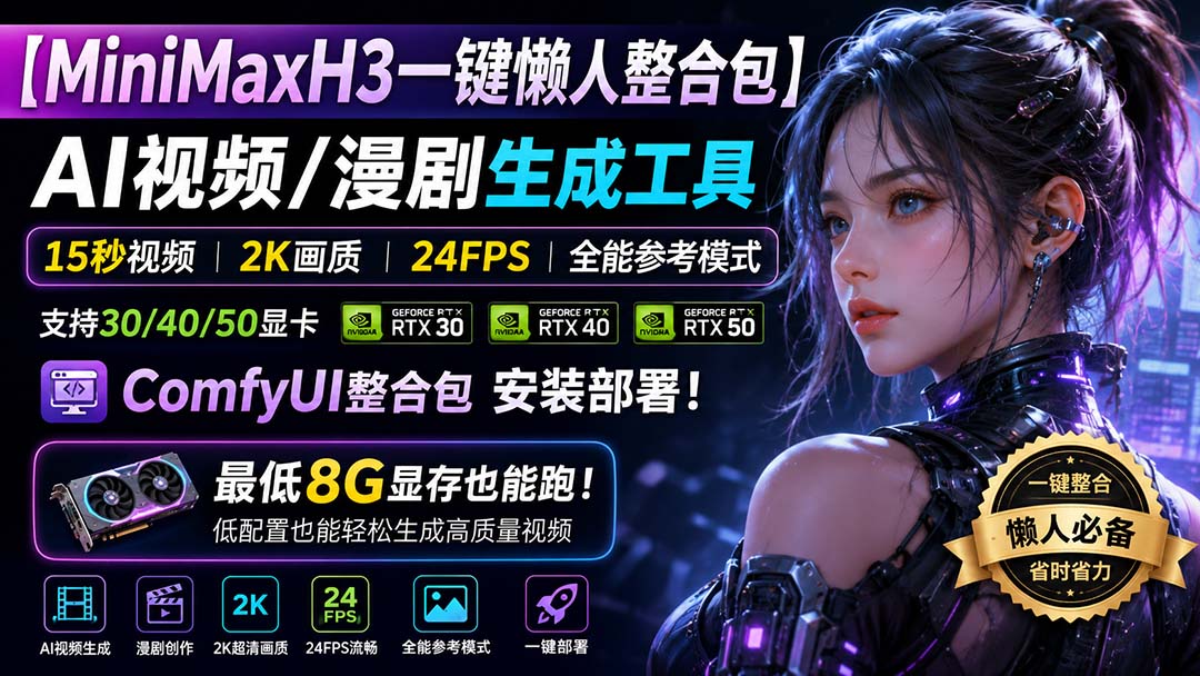 （20130期）MiniMaxH3一键懒人整合包：AI视频/漫剧生成工具，15秒视频_2K画质_24FPS_全能模式，支持30_40_50显卡，8g显存也能跑-宇文网创