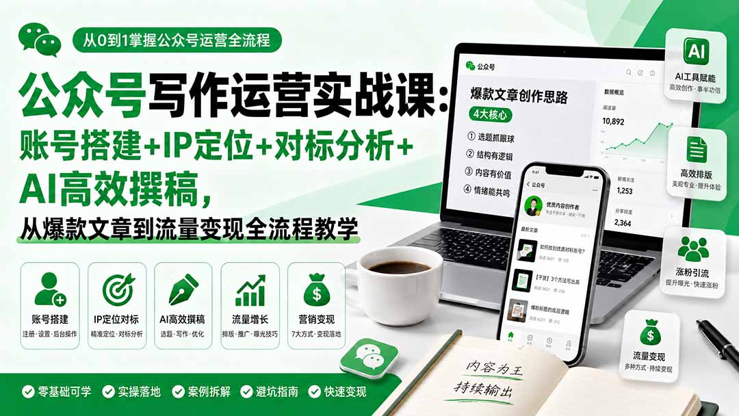 (19914期)公众号写作运营实战课:账号搭建+IP定位+对标分析+AI高效撰稿,从爆款文章到流量变现全流程教学-宇文网创