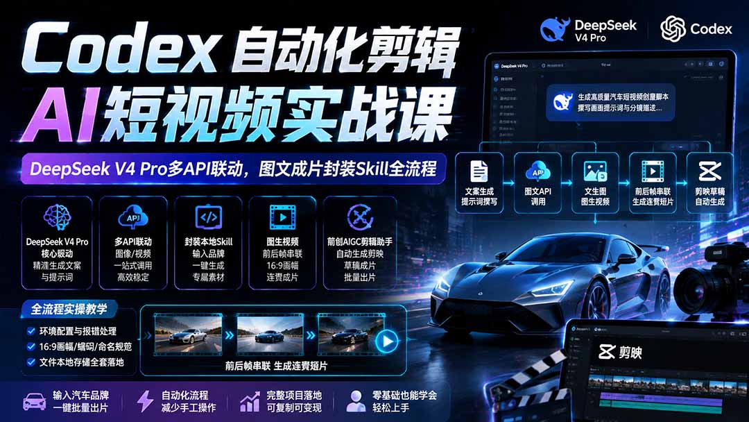 （19711期）Codex自动化剪辑AI短视频实战课｜DeepSeek V4 Pro多API联动，图文成片封装Skill全流程-宇文网创