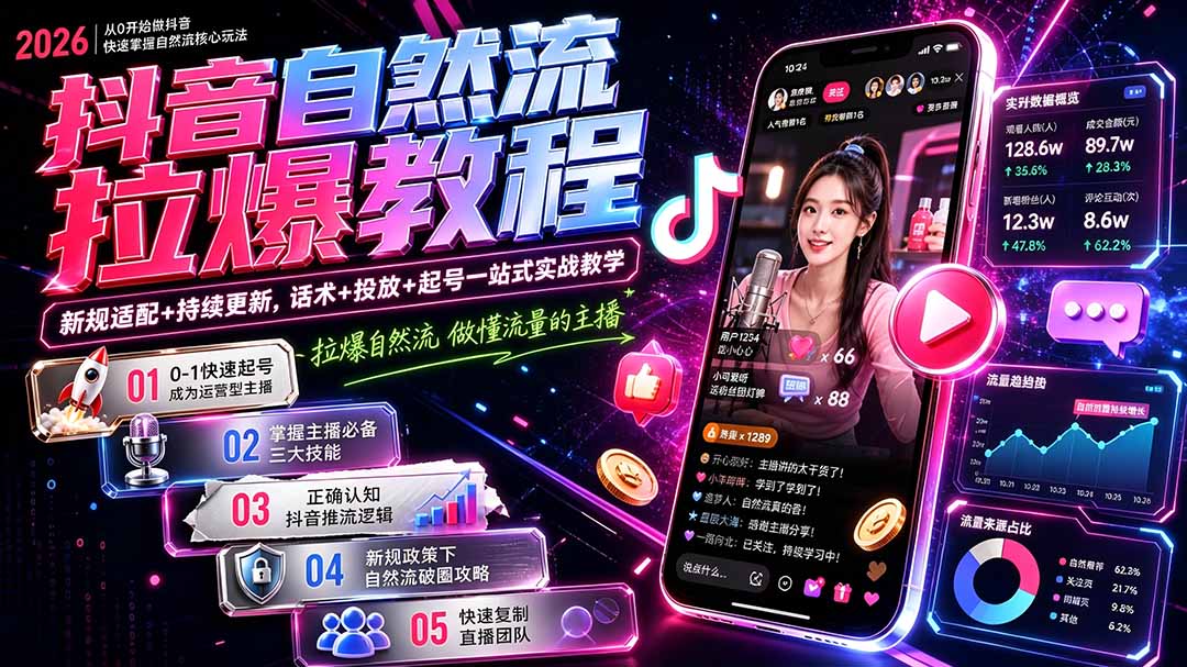 （20011期）抖音自然流拉爆教程-更新8月：做懂流量的主播，新规适配+持续更新，话术+投放+起号一站式实战教学-宇文网创