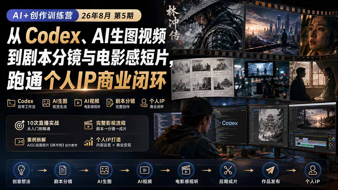 (20145期)AI+创作训练营26年8月第5期:从Codex、AI生图视频到剧本分镜与电影感短片,跑通个人IP商业闭环-宇文网创