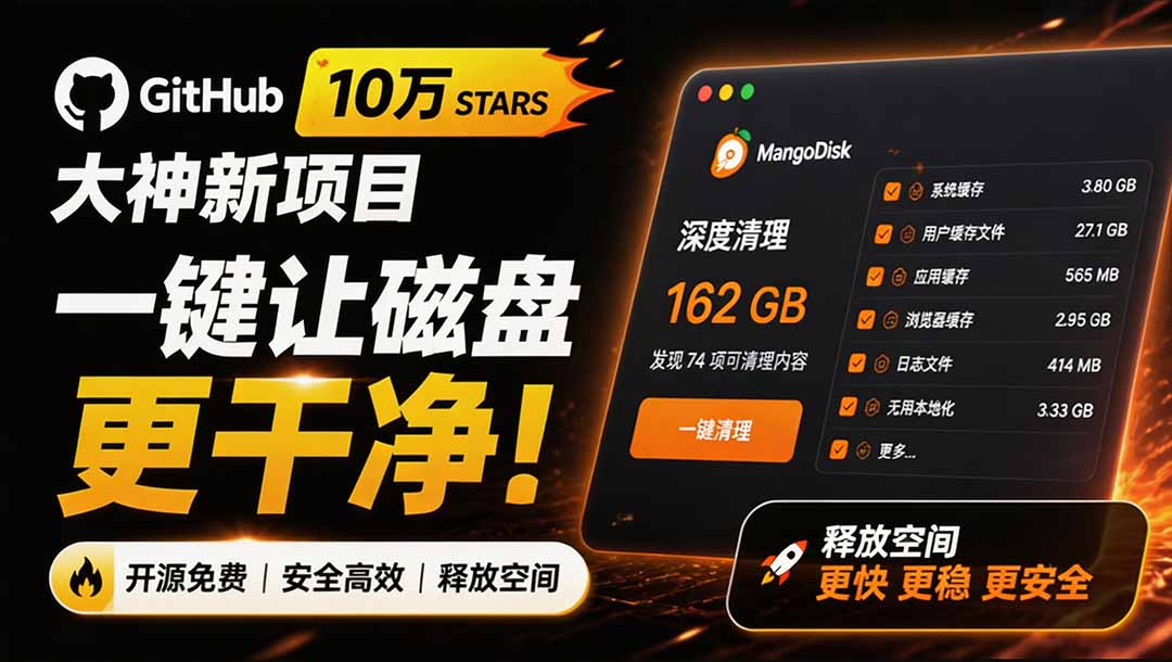 (19894期)在Gtihub上做出10万 stars 的大神,又发布新项目了!一键让磁盘更干净,开源免费清理工具 MangoDisk-宇文网创